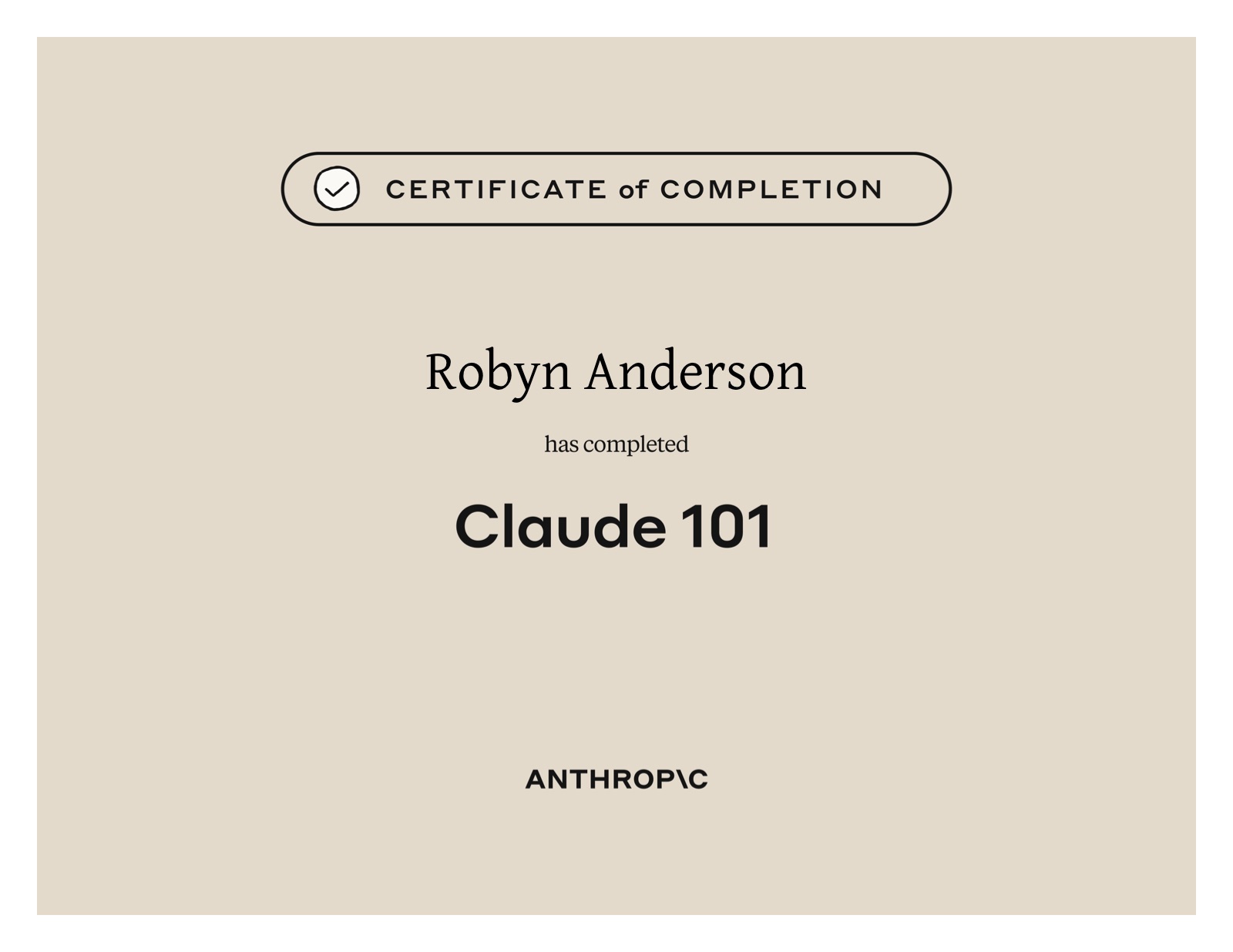 Claude 101 — Anthropic Certificate of Completion