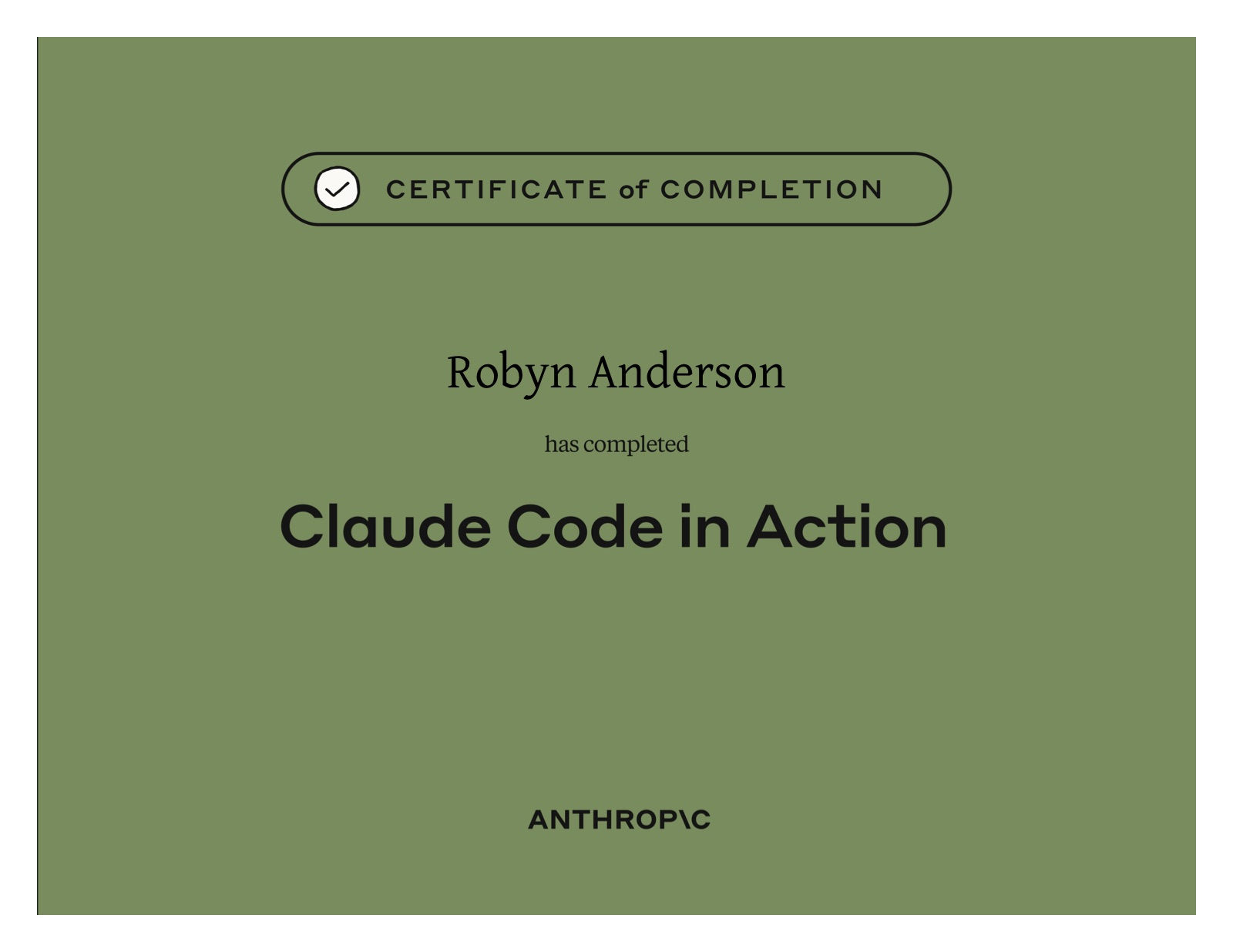 Claude Code in Action — Anthropic Certificate of Completion