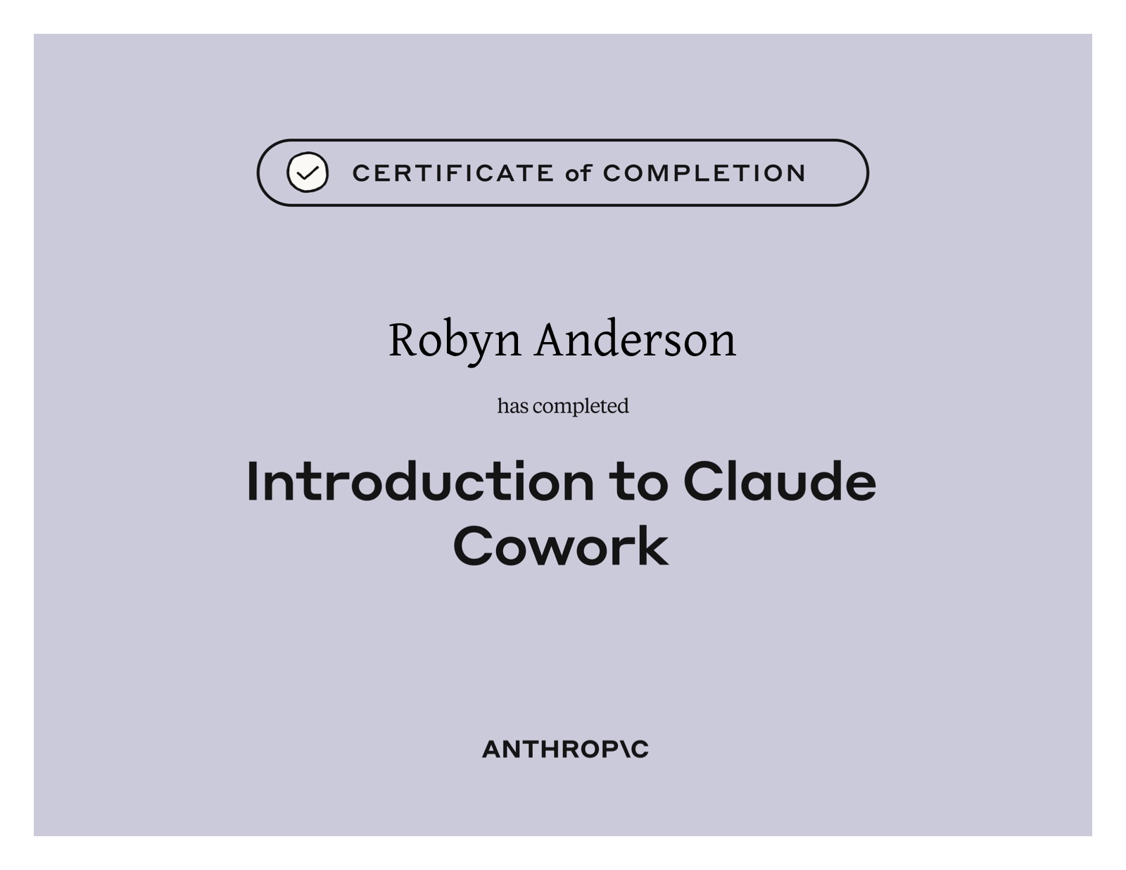 Introduction to Claude Cowork — Anthropic Certificate of Completion